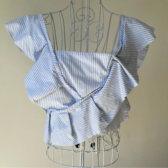 Mila Carr STRIPED RUFFLE BLOUSE sleeveless top back full zip cotton white blue 2 - Picture 9 of 10